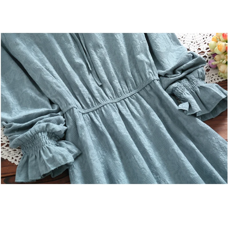 Blue Pink Vintage Dress Spring Autumn Women Long Sleeve Cotton Linen Lace-Up Elegant Vestidos Female Jacquard Dresses