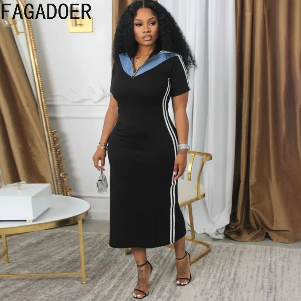 FAGADOER Fashion Color Stitching Short Sleeve Slim Dresses Women V Neck Zipper Slim Vestidos Casual Female Solid Streetwear 2024