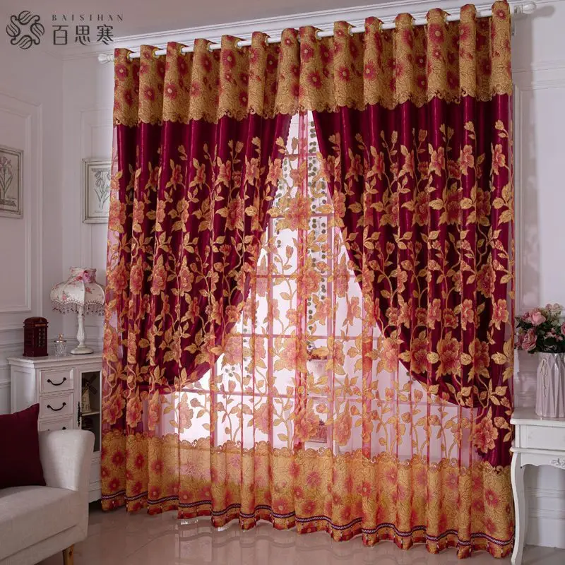 

Европейские современные роскошные двухслойные шторы блэкаут для гостиной и спальни с элегантной цветочной вышивкой и полупрозрачными тюлевыми вставками