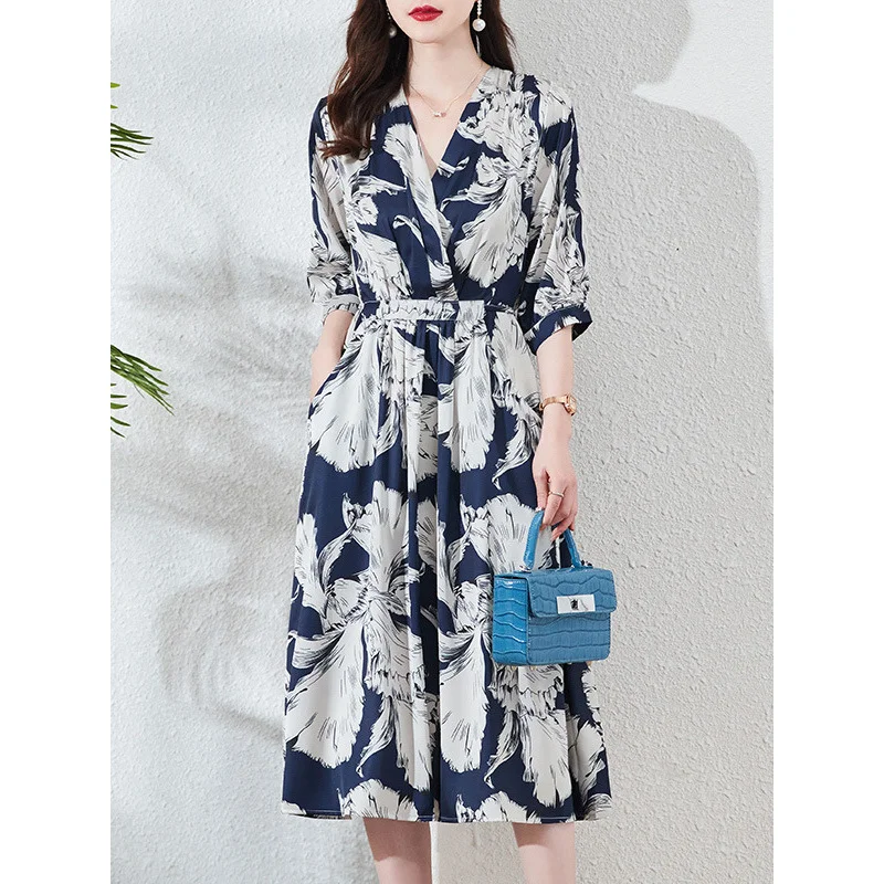 

Spring NewVPrinted Collar Dress, Elegant Waist-Cinching Mid-Length Dress, Suitable Commuting, Vacation, And Tea