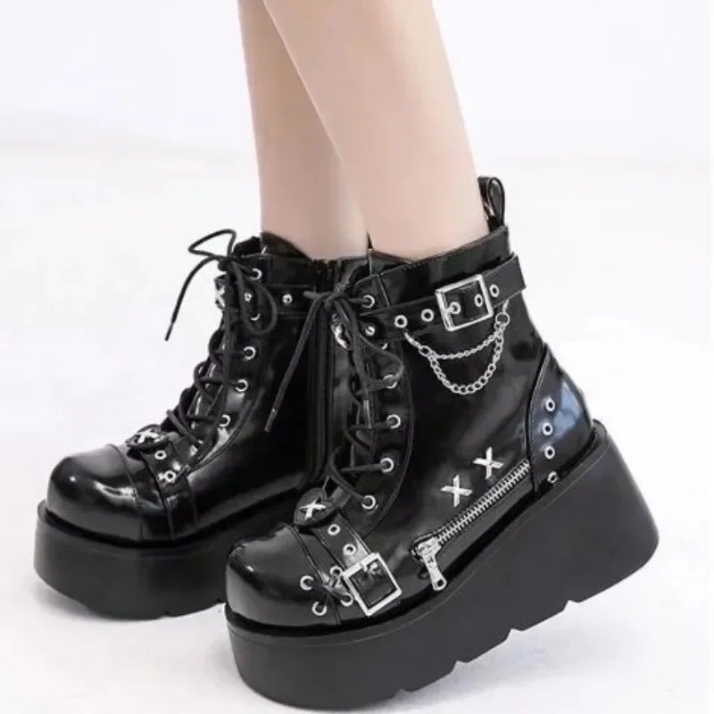 New Gothic Style Platform Vampire Cosplay Women Mid-calf Boots 2024 Winter Wedges Comfy Women Motorcycle Boots Shoes