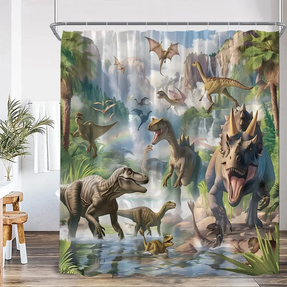 Funny Dinosaur Kids Shower Curtain Dino Tropical Jungle Safari Animal Waterfall Mountain Art Bath Decor Polyester Bath Curtain