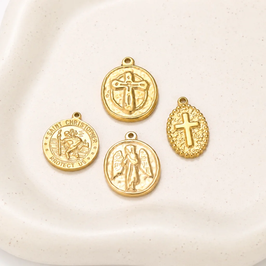 3Pcs Angel/Cross/Saint Christopher Charms Stainless Steel Good Luck Amulet Necklace Pendant DIY Bracelet Catholic Jewelry Making