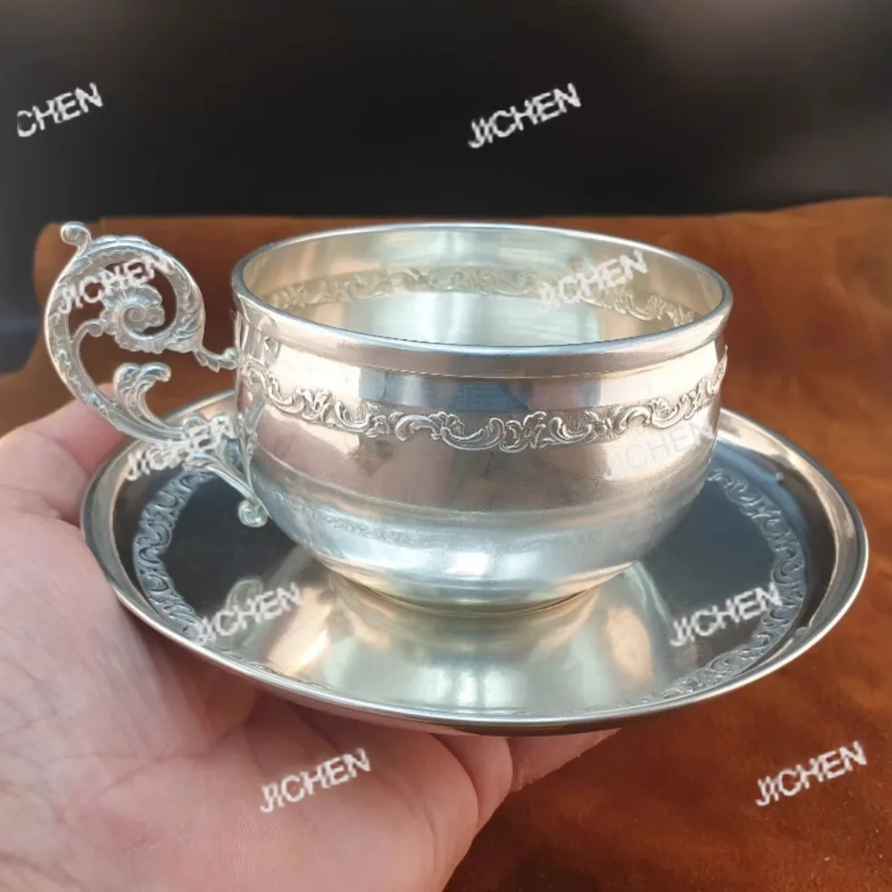 Juego de Tazas de Té Grandes de Plata de Ley Hechas a Mano, Estilo Antiguo Francés, Marca Edmond Molle, para Desayuno, Leche, Café y Té de la Tarde