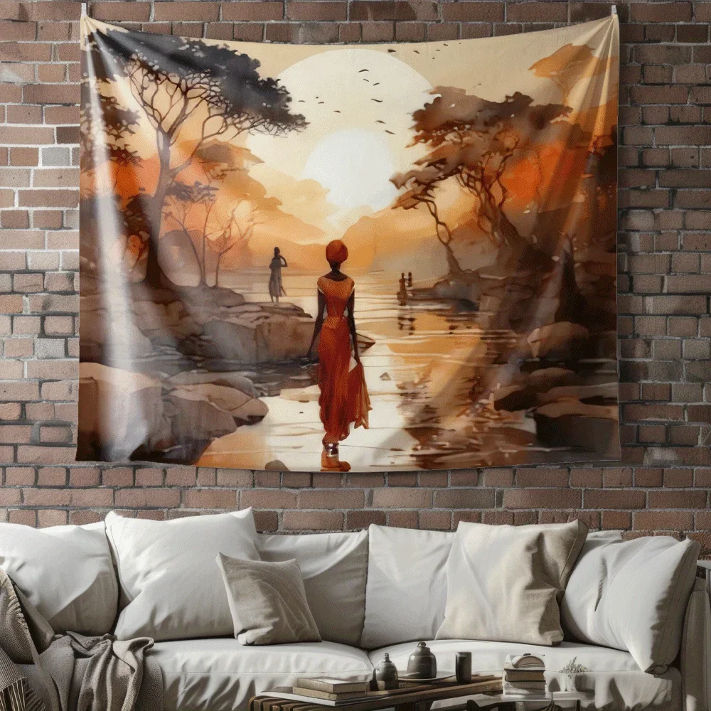 Dusk by the African River Digital printing polyester wall tapestry suitable for use in living rooms bedrooms bars and party