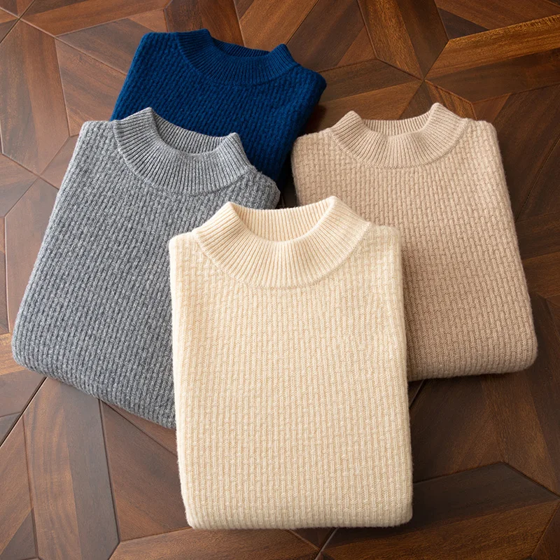 

2025 Autumn/Winter New Cashmere Sweater Men's 100%Merino Wool Knit Pullover Business Casual Half High Collar Long Sleeve Sweater