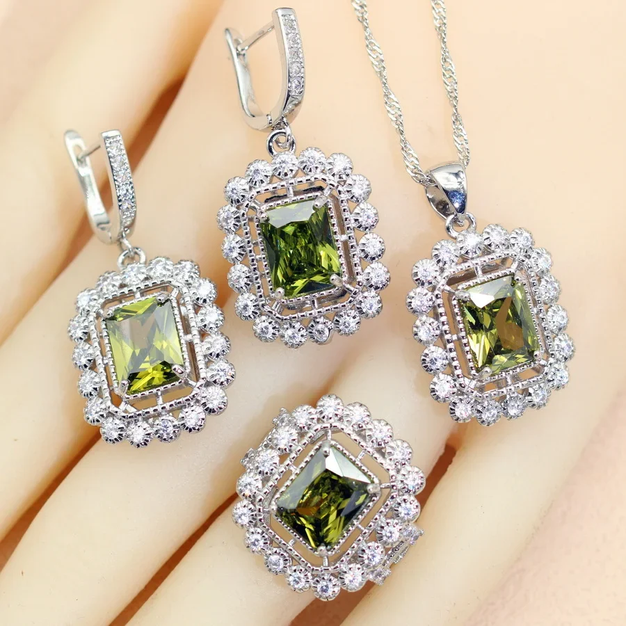 925 Silver Bridal Jewelry Sets For Women Green Zirconia Earrings Necklace Pendant Bracelet Open Ring Christmas Gift 4PCS