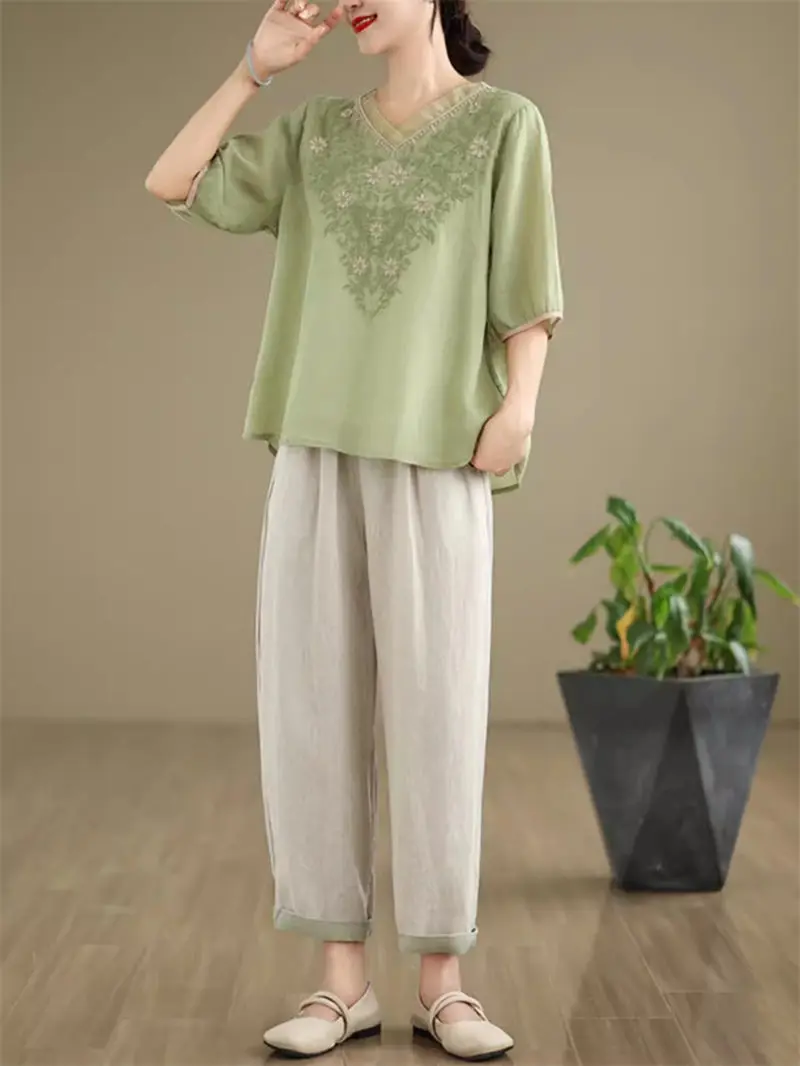 Chinese Style V-Neck Embroidered  Top + Linen Harem Pants Suit Women's Summer New Versatile Casual Two-Piece Set Outfits K1922