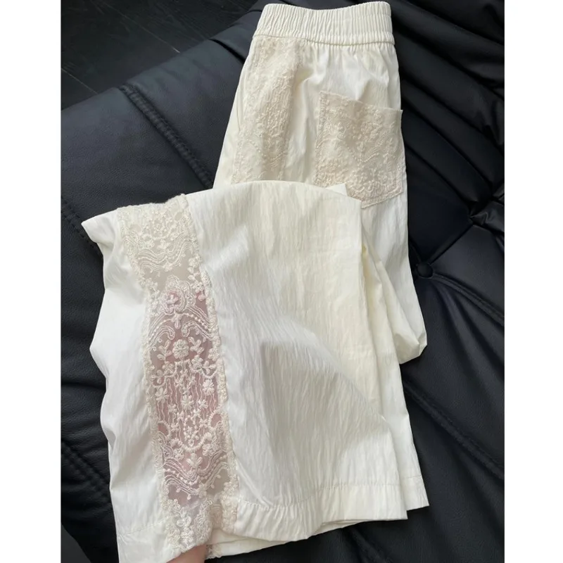 

Chinese Style Splicing Hollow Lace Casual Pants Women 2024 Summer New Loose Cool Slim Wide-leg Pants Casual Trousers