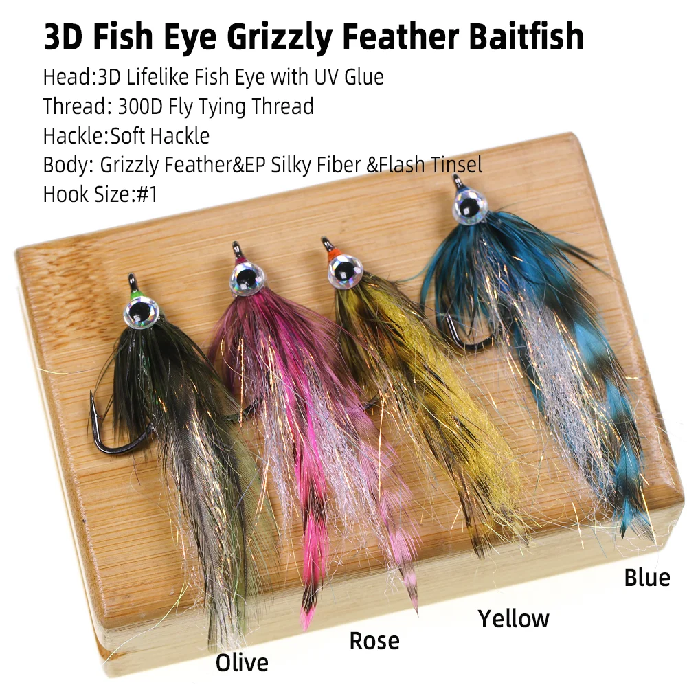 Vampfly 2pcs/4pcs Baitfish Streamer Fly 3D Fish Eye EP Silky Fiber Grizzly Feather Fly Fishing Fly Trout Bass Fishing Lure Baits