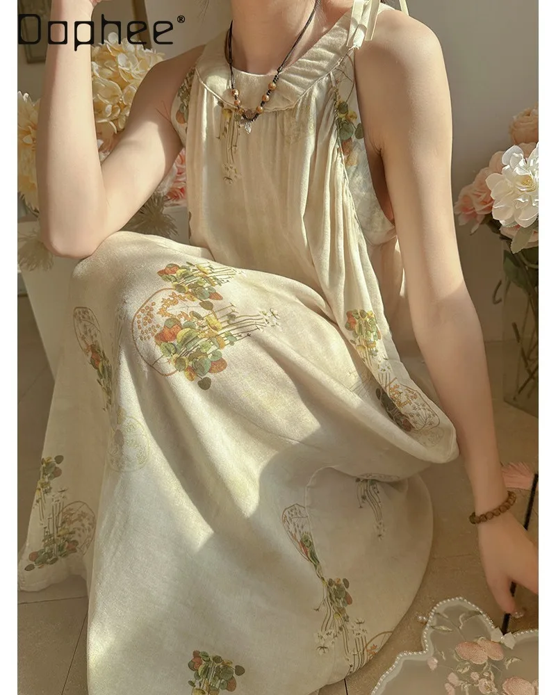 Retro Country Style Neckless Sleeveless Floral Print Nightgown Made Double-layer Cotton Yarn Loose Casual Women's for Homewear