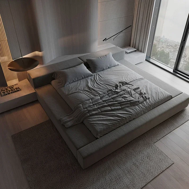 

%A Modern Minimalist Bed Couple Nordic Aesthetic Queen Size Bedroom Bed Wood Lounge Camas Luxury Furniture