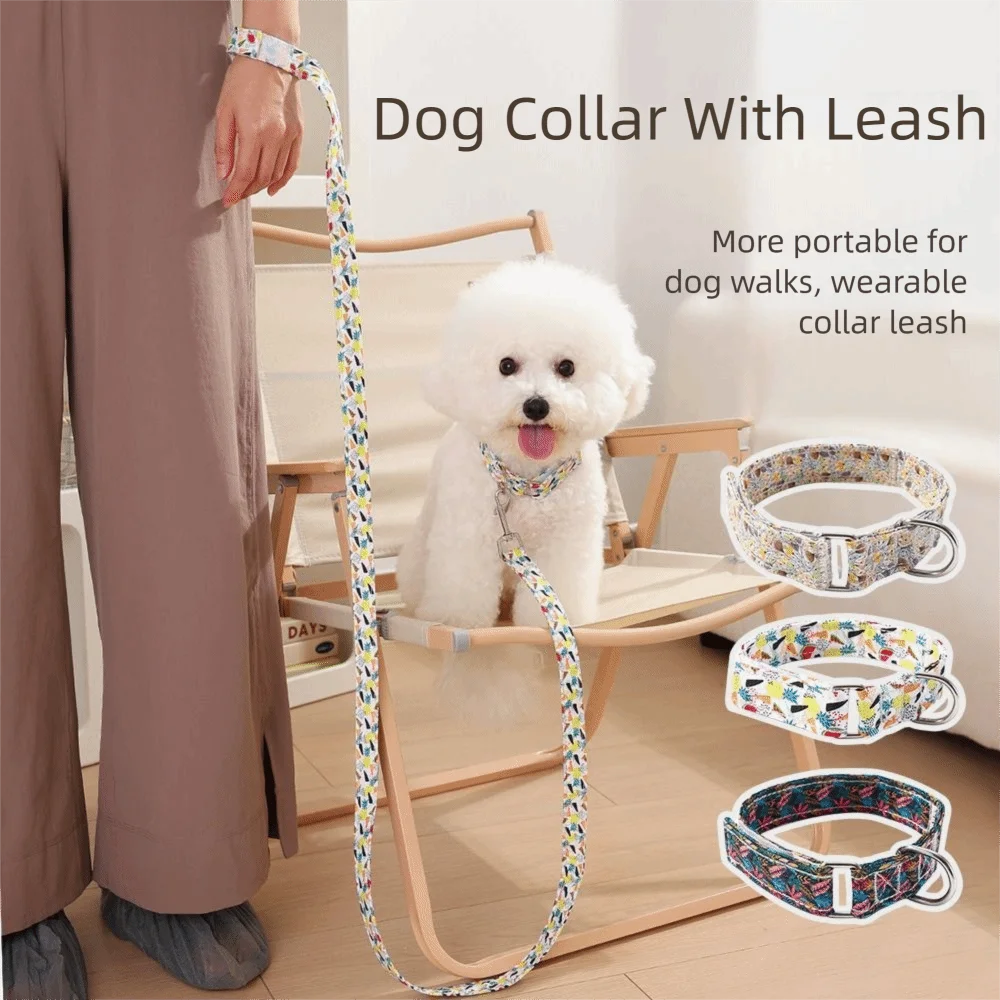 

Flower Print Dog Collar with Leash Adjustable Thick Rope Dog Collar Leash Set Easy to Use Wristband Design Pet Collars Combo