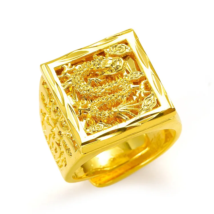 Real Gold color Dragon Head Ring for man Vietnam Sha Jin Luxury Adjustable Ring Jewelry Men\'s Wedding Birthday Jewelry Gift