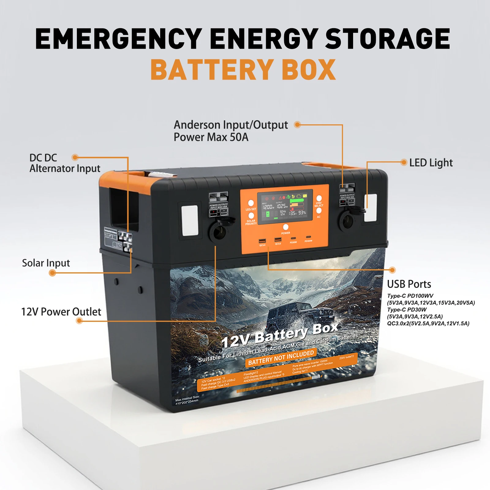 Heavy Duty ABS+PC Solar Lifepo4 12V Lithium Storage Diy Box Panel Car Outlet Box 1500W Inverter IP67 Rated Overload Longlife