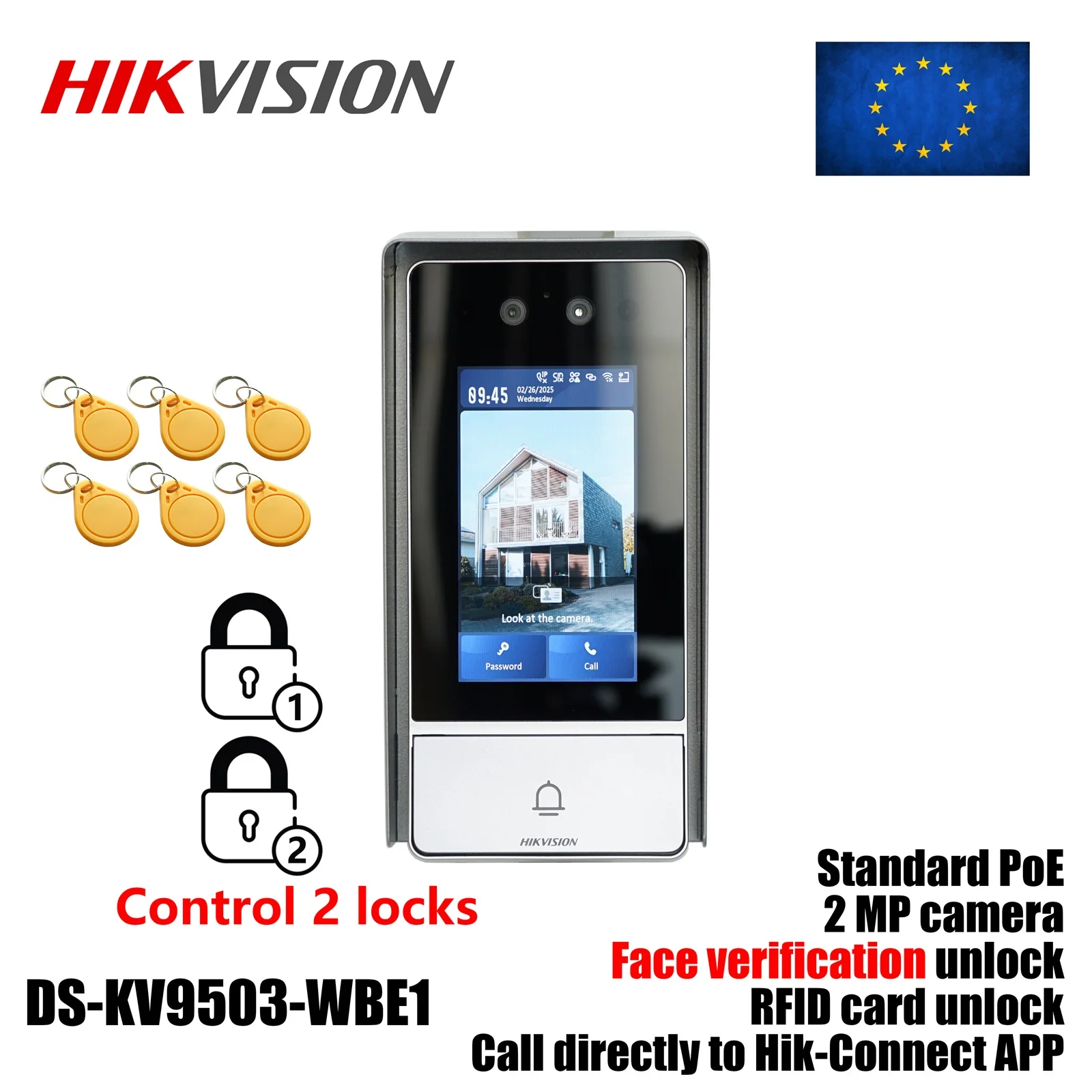 HIKVISION DS-KV9503-WBE1 Stazione di controllo per porte di ville con riconoscimento facciale, resistente agli atti vandalici, in metallo, con 2 serrature, scheda RFID, supporto per app