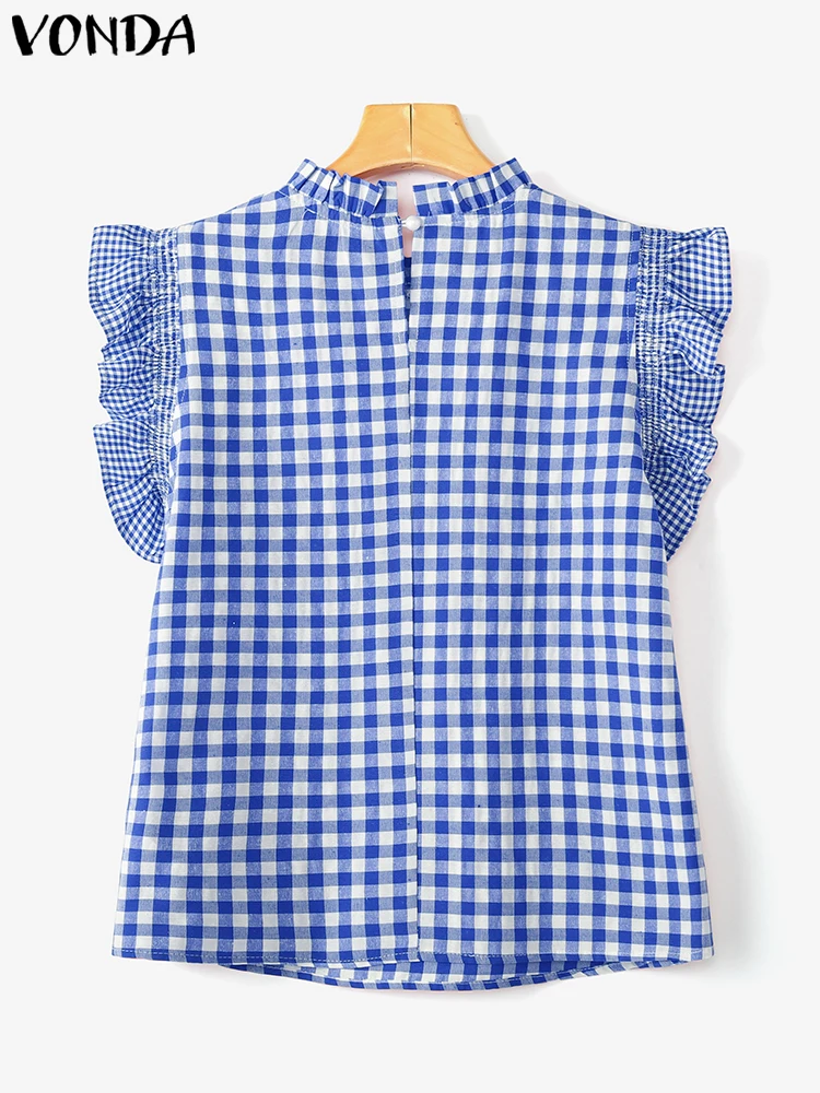 VONDA Women Plaid Blouse 2025 Summer Short Sleeve Tops Vintage Patchwork Ruffled Casual Shirts Loose Elegant Streetwear Blusas