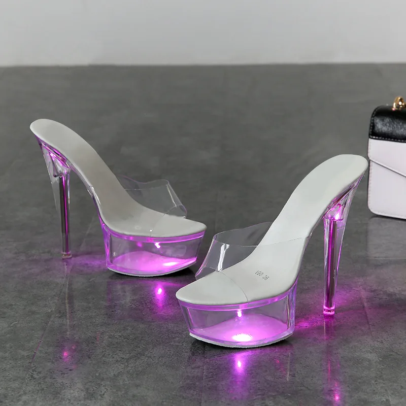 Sexy Crystal Heel Slippers Transparent High Heels Nightclub Performance Show Shoes PU Material Waterproof Platform Rubber Sole