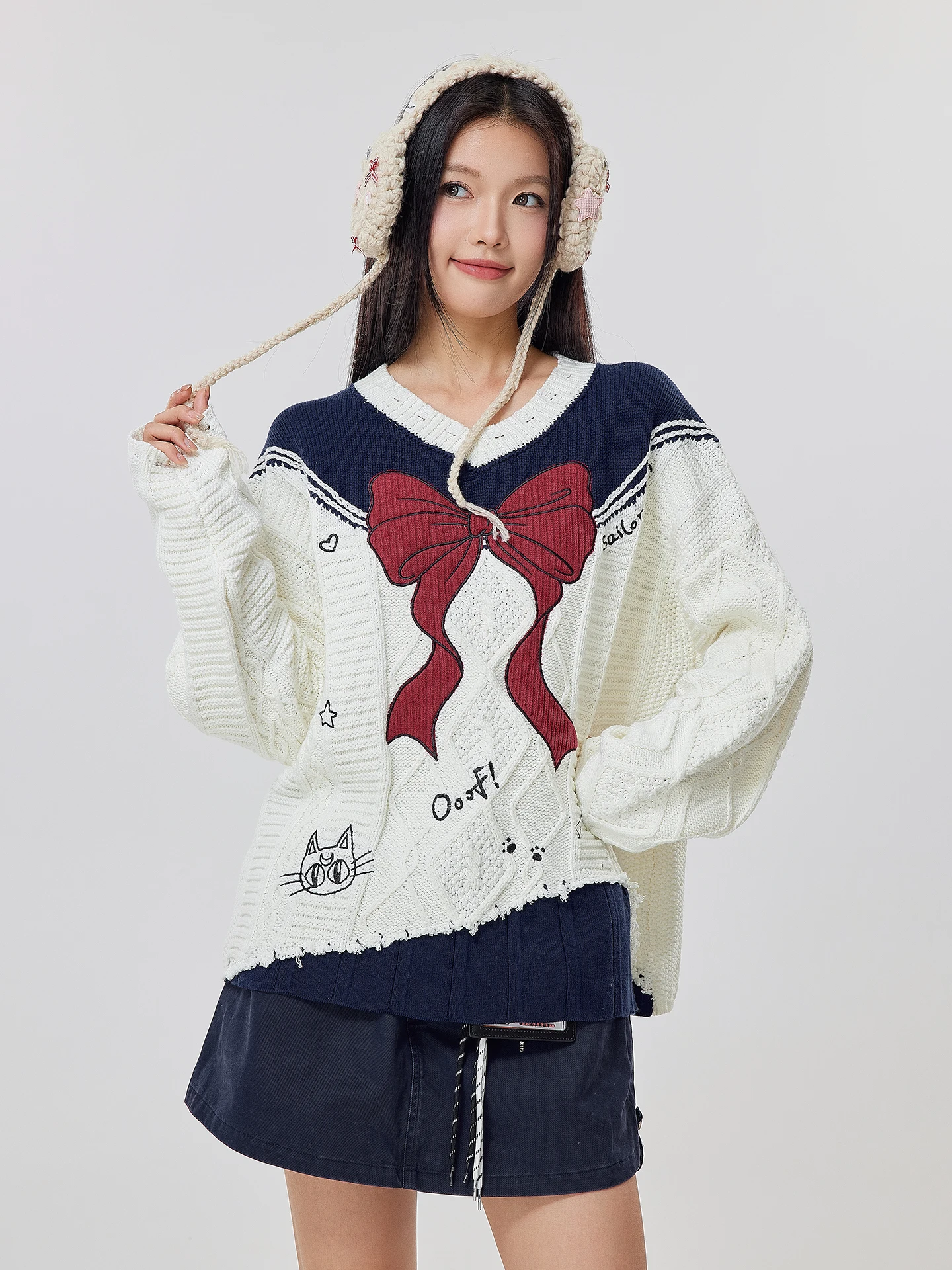 

OoofYang Loose Knitted Sweater with Knot Winter White Slimming Base Layer Girls Faion V-Ne Long Sve Top