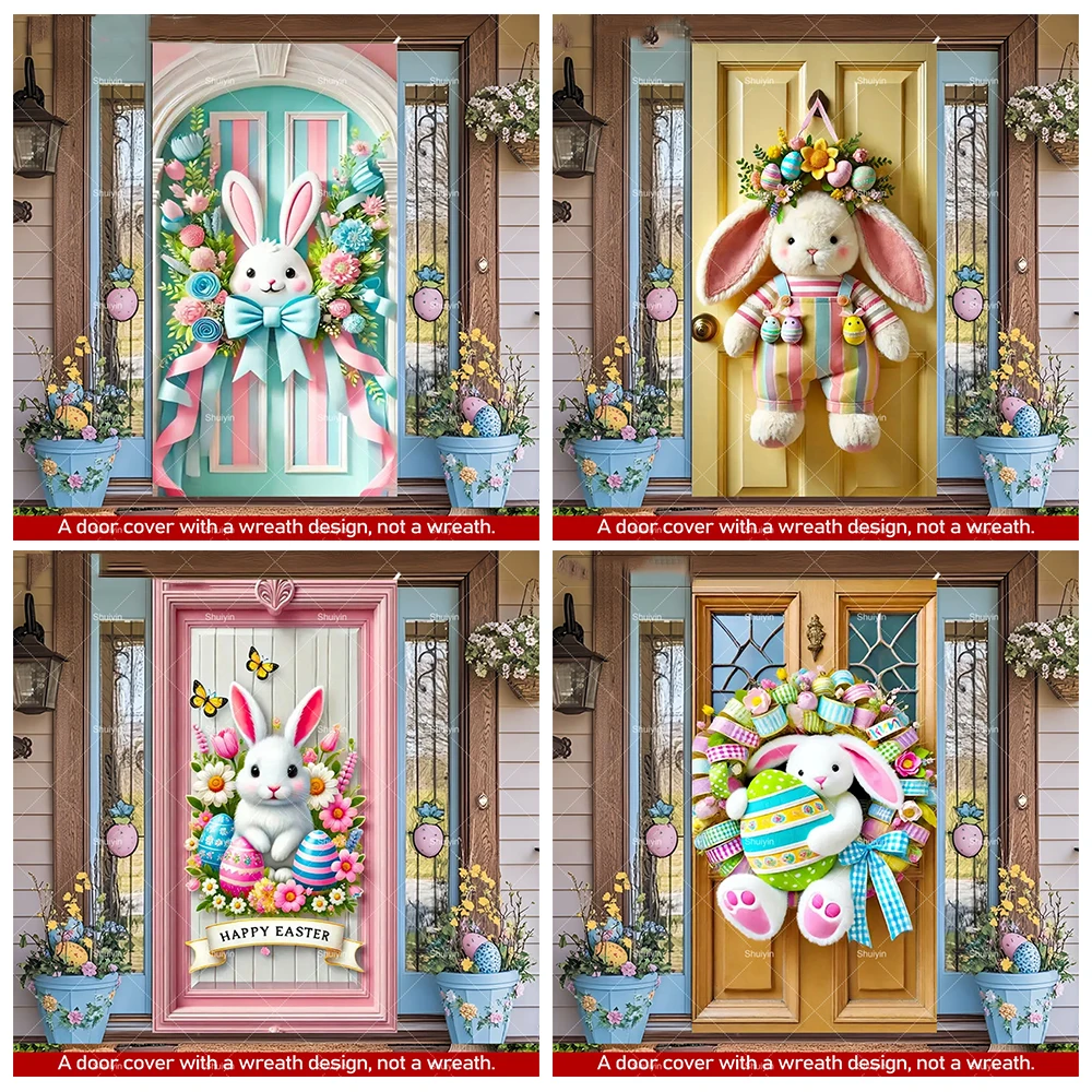 

2D Cute Bunny with Easter Egg Bow Wreath Door Cover Easter Party Photography Backdrops Indoor Outdoor Porch Decor Party Supplies