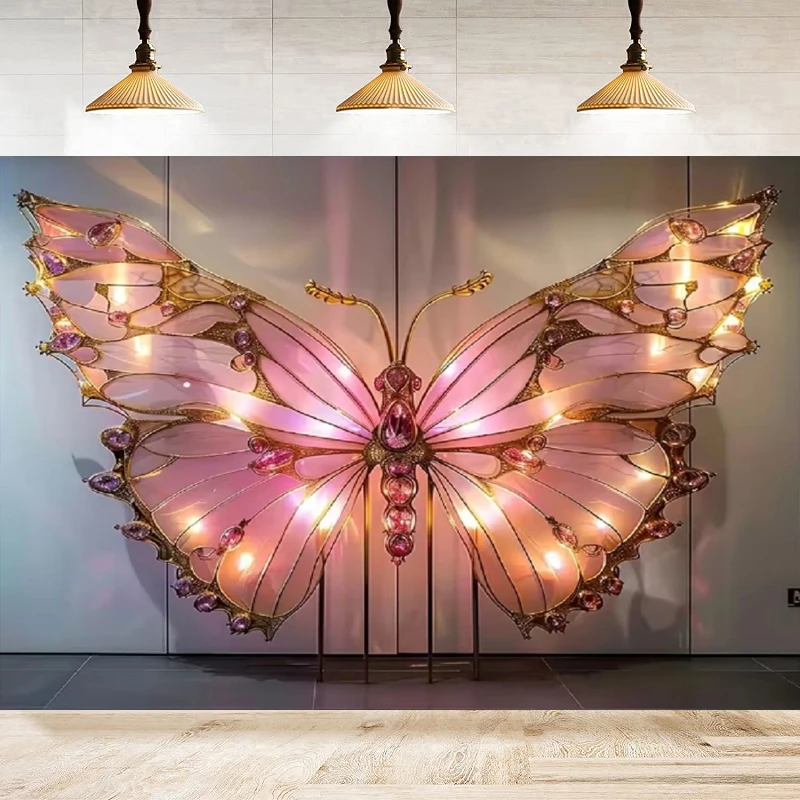 Photography Backdrop 1 Giant Pink Butterfly Poster With Glowing Gold Frame Butterfly Banner Party Decoration Background