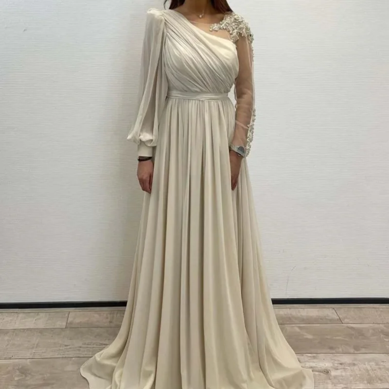 Ladies A-Line Elegant Chiffon Single Rotator Sleeve Evening Gown Long Sleeve Formal Occasion Party Dress Floor-Length Ball Dress