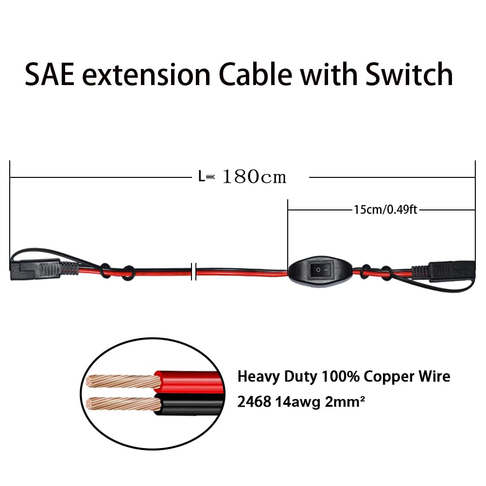 SAE Extension Cable with Switch - 14AWG 180cm Quick Disconnect Wire with Dust Cap for RV Macerator Pump Water Sprayer Motorcycle