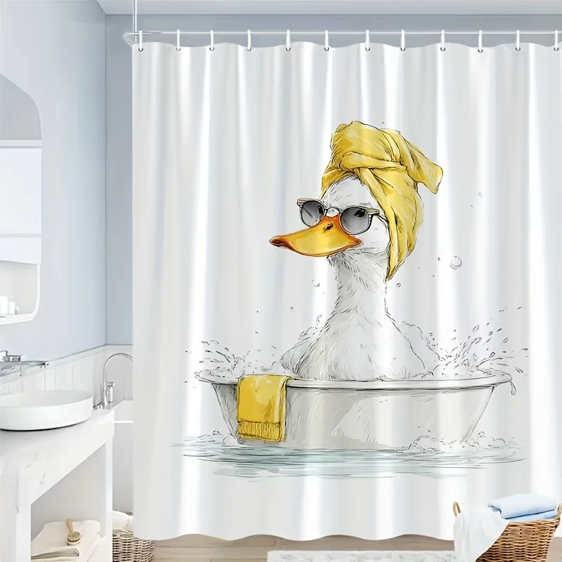 Funny Duck Shower Curtain Cute Animal in Bathtub with Towel & Sunglasses Print Waterproof Bathroom Decor Quirky Home Bath Screen