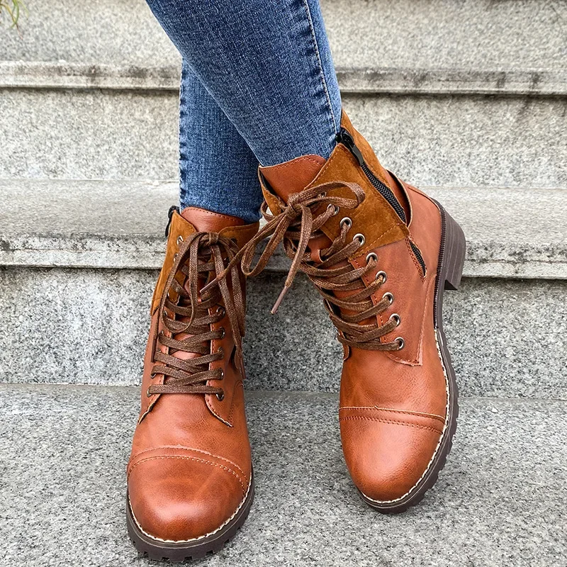 2023 TMA EYES New Women Autumn/Winter Vintage Fashion Solid Color Leather Boots