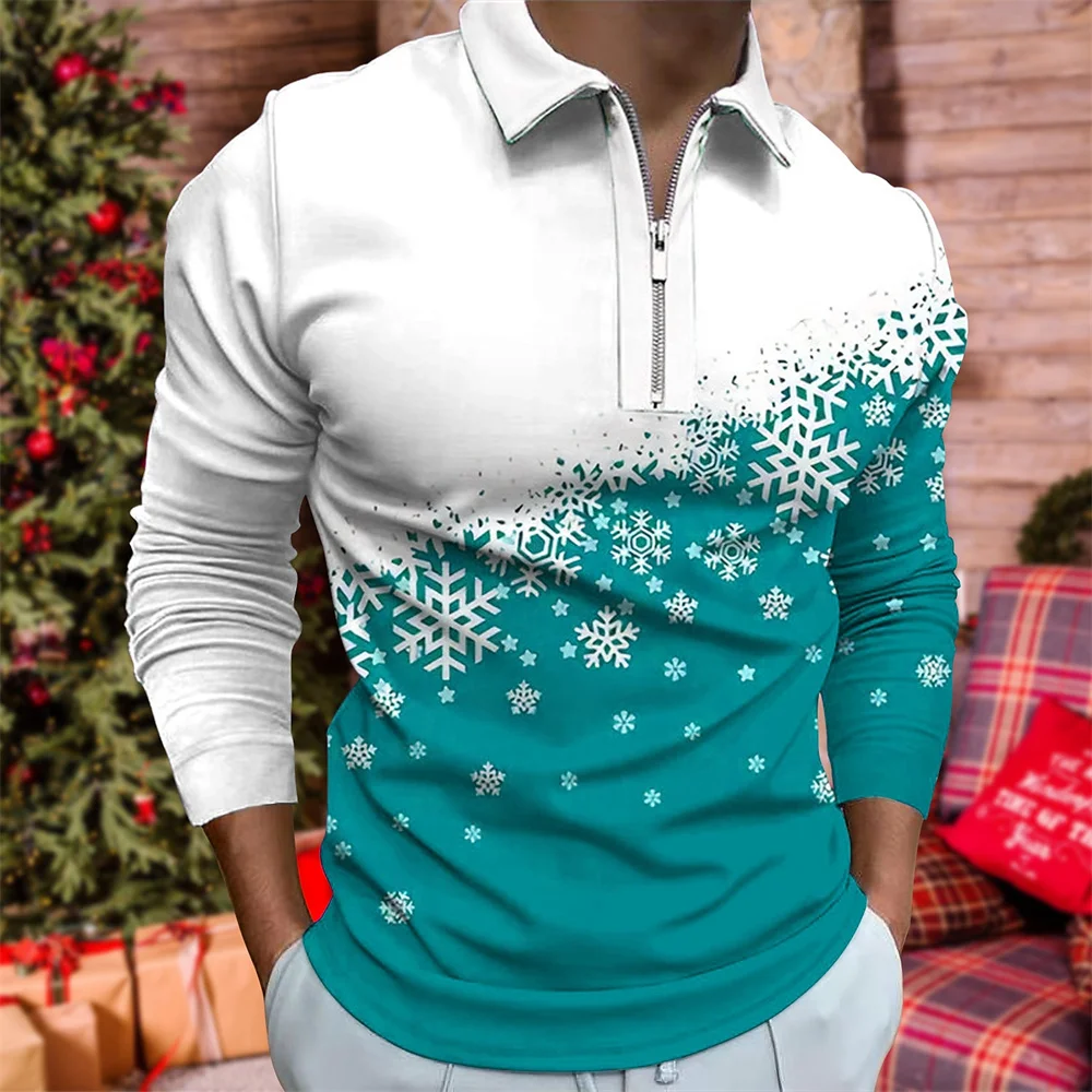 Men\'s Polo Shirt Golf Shirt Graphic Prints Snowflake Turndown 3D Christmas Street Long Sleeve Zipper Clothing Apparel Fashion