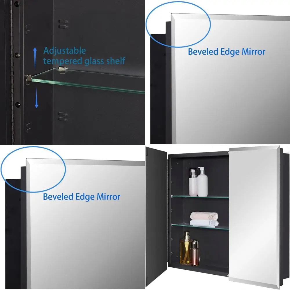 خزانة طبية بباب مرآة مشطوف مقاس 30 × 26، مثبتة على السطح/السطح، أرفف قابلة للتعديل #1