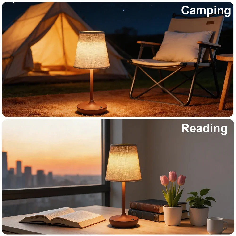 Lampu Meja LED Nirkabel dengan Kap Lampu Kain Vintage, Lampu Meja Portabel 2500mAh, Lampu Samping Tempat Tidur untuk Kamar Tidur, Lampu Malam