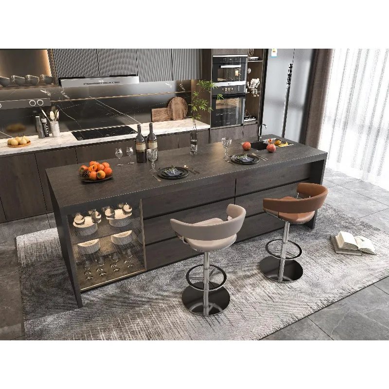 Modern Black Kitchen Cabinet with Countertop MDF Assembled Customized Laminate Cabinets Includes Sink & Island Accessories