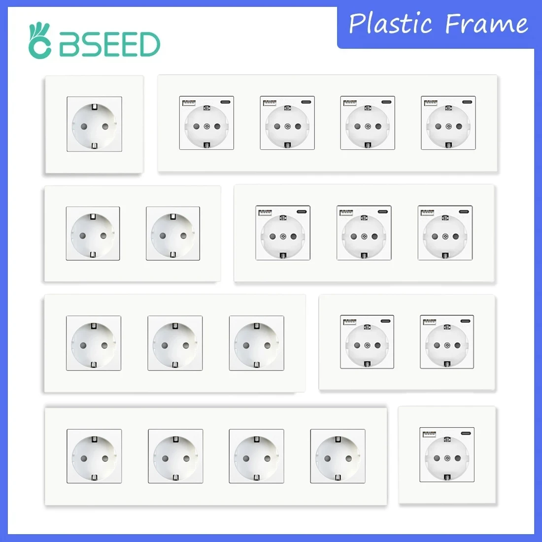 BSEED EU Wall Sockets Type-C USB Power Sockets Double Electric Sockets Triple Outlets Plastic Frame Germany Socket With USB Port