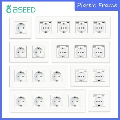 BSEED EU 벽 소켓 Type-C USB 전원 소켓 이중 전기 소켓 삼중 콘센트 플라스틱 프레임 듀얼 USB가있는 독일 소켓