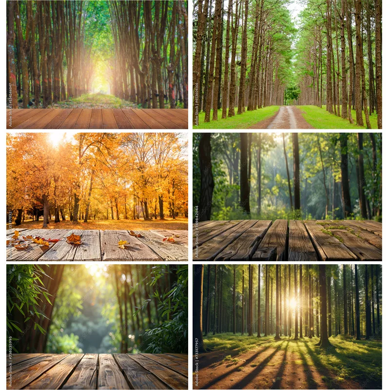 Empty Wooden Flooring On Green Forest Photography Backdrops Props Morning Sunshine Nature Landscape Summer Background ZL-05