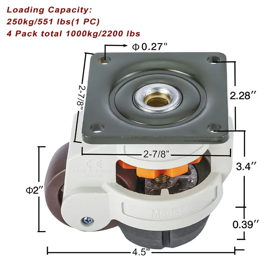 Toolly 4 Pack Leveling Machine Casters with Nylon Wheel and Rubber Foot- Loading Capacity 2200 lbs - Retractable Workbench Cast