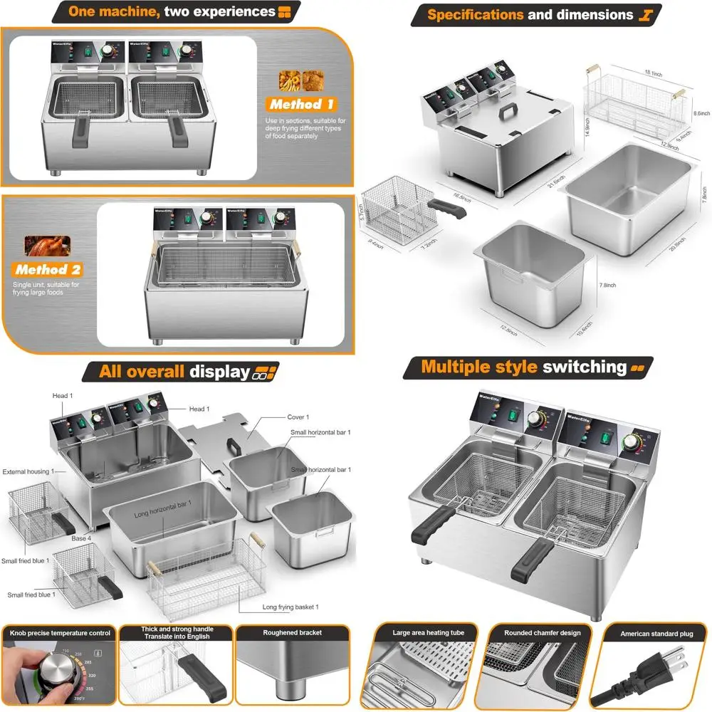 

Коммерческая электрическая фритюрница, 3600 Вт, 27,4QT, с корзиной и таймером, емкостью 26 л, двойной цилиндр для быстрого нагрева