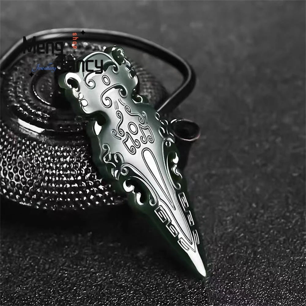 Premium Handmade Double-sided Engraved Natural Dark Green Hetian Jade Vajra Pestle Pendant Auspicious Lock Design Luxury Jewelry