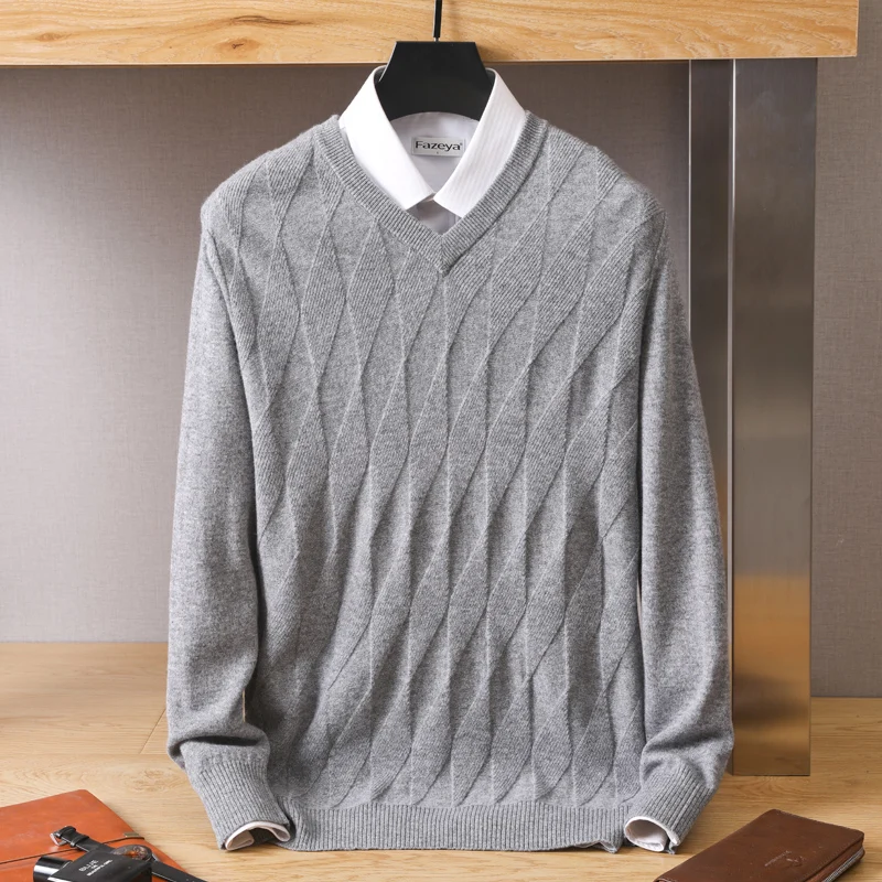 Autumn Winter New V-Neck 100 Pure Wool Sweater Men Solid Color Knitted Bottom Shirt Loose Casual Fashion Long Sleeve Short Style