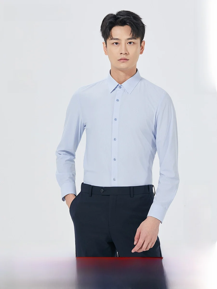 Lilanz Slim Fit Stripe Shirt Men's Autumn New Business Style Sharp Collar Pure Color Long Sleeve Fashion Urban Casual Shirt