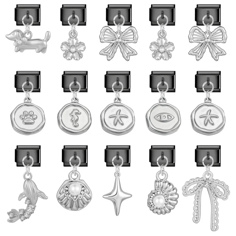New Ocean Series Starfish Conch Pearl Flower Bow Pendant Italian Black Charms Fit 9mm Stainless Steel Bracelet DIY Making Gift