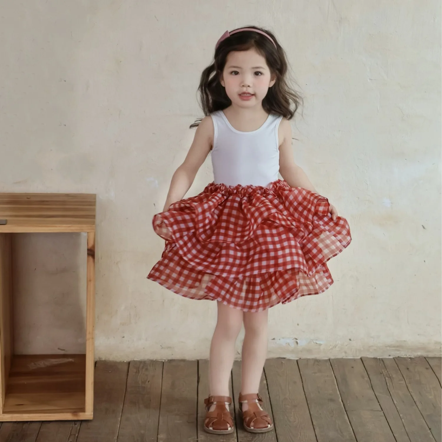 

Girls Red Plaid Cake Dress Vest Dress 2025 Summer New Girls Fluffy Princess Dress Fashion Casual