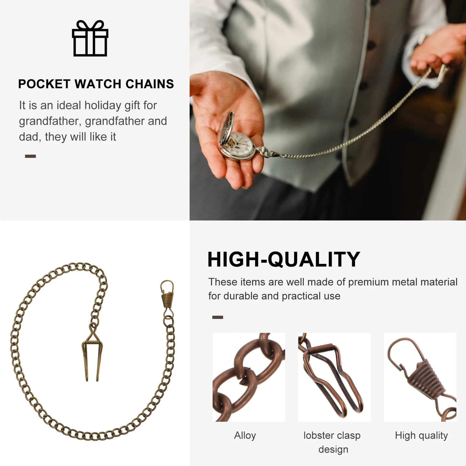 

5pcs Pocket Watch Chains Vintage Alloy Keychains for Watches Keys Wallets Metal Buckle Chain Gifts Dad father