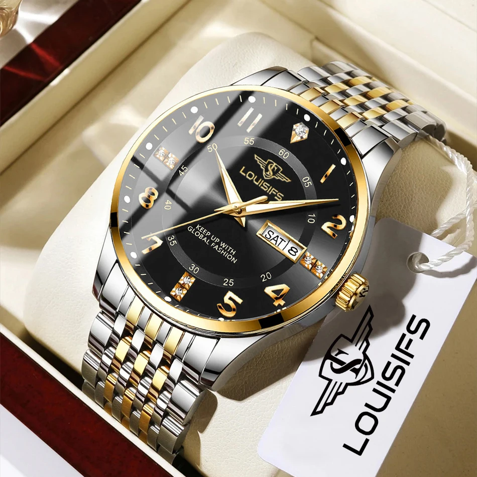 남성용 워터 다이아몬드 럭셔리 야광 더블 캘린더 쿼츠 무브먼트 40mm 블루 골드 스테인리스 스틸 패션 비즈니스 시계