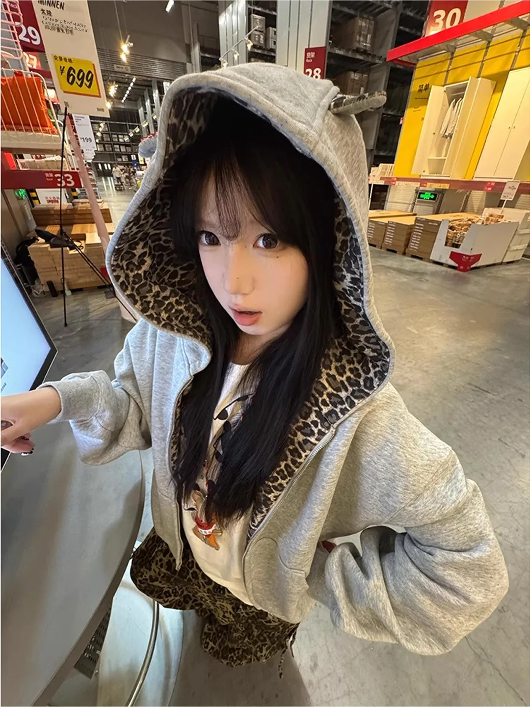 Chic américain Sle fermeture éclair à capuche femmes Cardigan pull avec impression d'oreille 3D printemps automne décontracté haute rue Unique vêtements d'extérieur