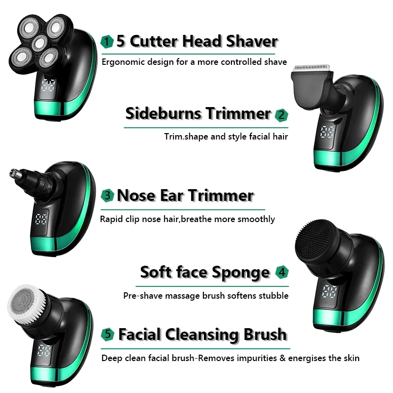 5 In 1 4D Men's Rechargeable Bald Head Electric Shaver 5 Floating Heads Beard Nose Ear Hair Trimmer Razor Clipper Facial Brush image 5