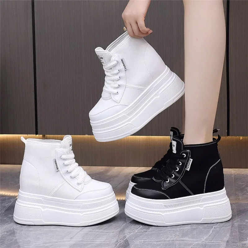 Fashionable 12cm High Heel Canvas Shoes with Strap Waterproof Platform and Internal Heightening for Women  women sneakers