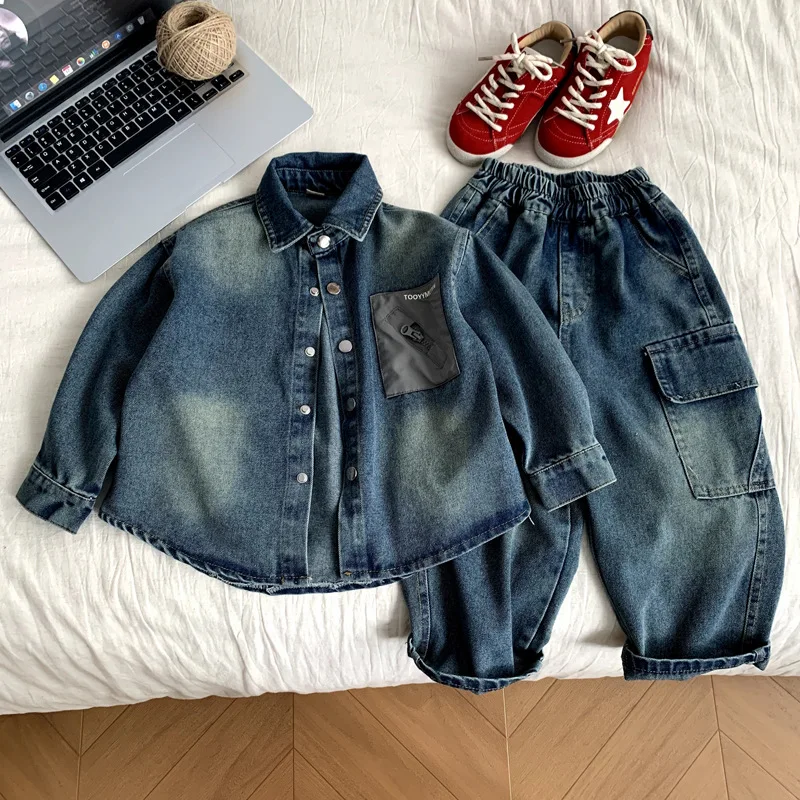 spring-autumn-children's-denim-outfit-two-piece-set-cool-handsome-kids-clothing-school-scene-cotton-blend-lightweight