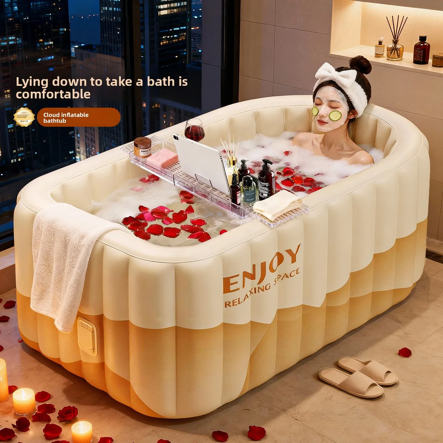 HYS Thickened Inflatable Bathtub One-click Inflatable Adult Bath Bucket Bath Bucket Bucket Folding Bath